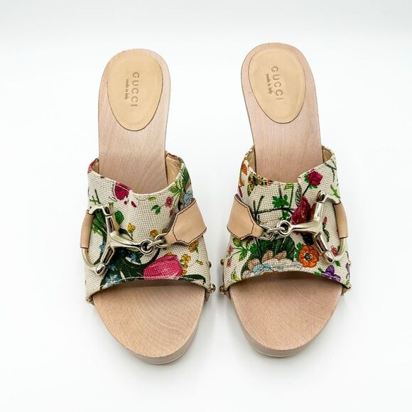 Gucci Horsebit Platform Floral Mules Sandals Heels Size 38, 8 - Picture 3 of 12